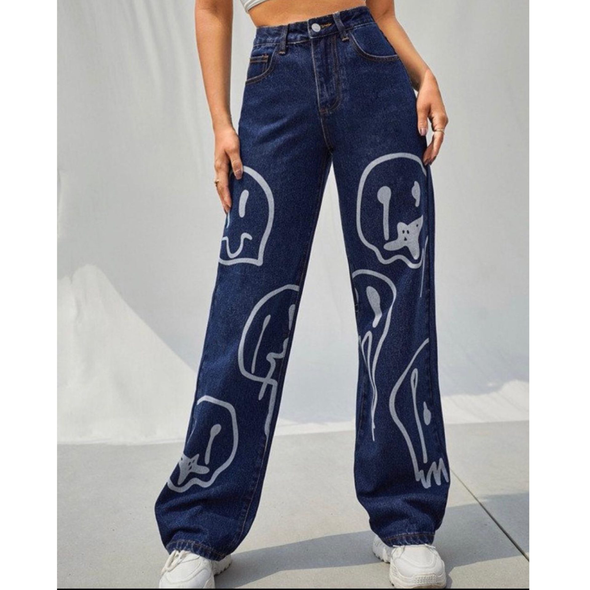 *Best Seller*Smiley Printed Wide Leg High Waist Jeans – Shanara